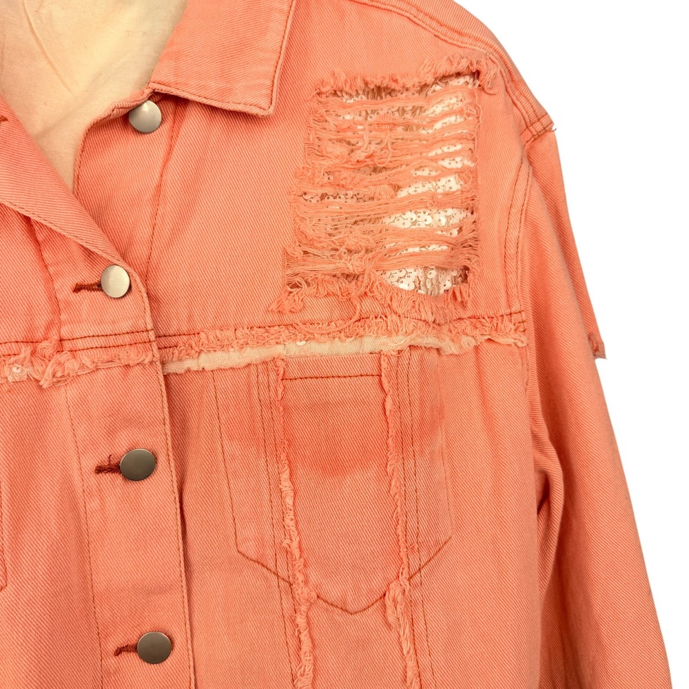 POL Denim Jacket Womens Large Peach Distressed Sequin Love Cropped Frayed - Picture 7 of 8